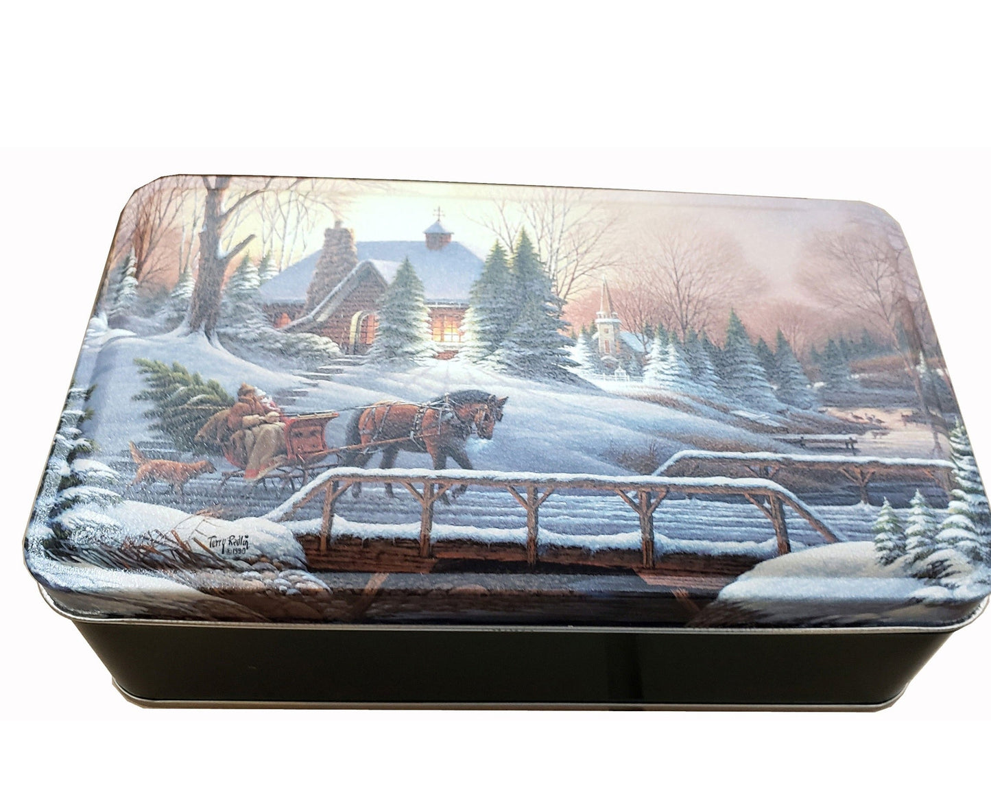 Chocolate Covered Fruitcake Slices in a Holiday Tin