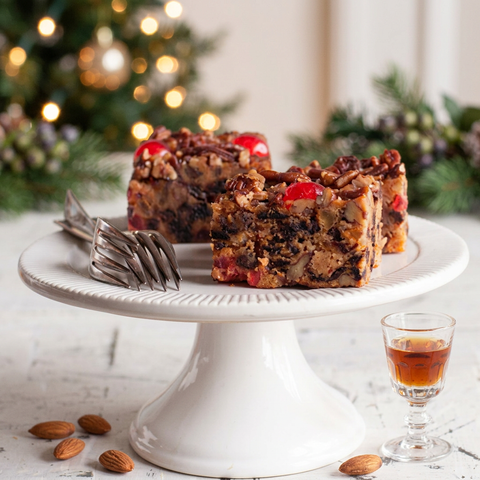 Amaretto fruitcake slices on a white pedestal stand with almonds, a glass of amaretto, and Christmas lights in the background