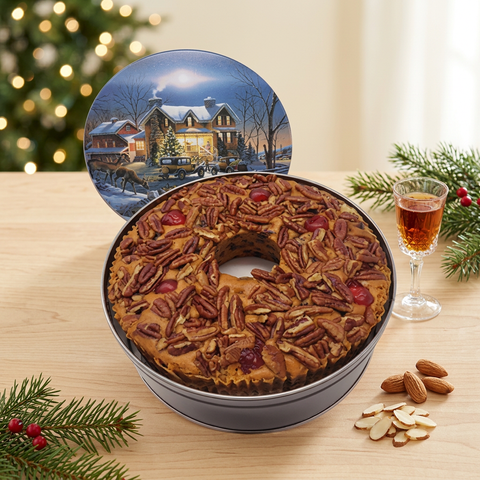 Amaretto ring fruitcake in an open holiday tin with a winter-scene lid, almonds, a glass of amaretto, and Christmas greenery