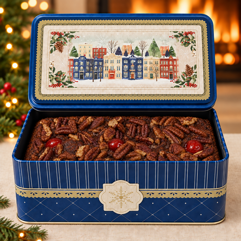 Blue holiday tin with reference-matched dark cake topping