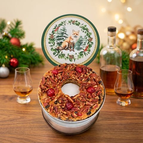 Bourbon & Rum ring fruitcake in an open silver tin with a green fox-design lid, spirit bottles, tasting glasses, and warm Christmas lights