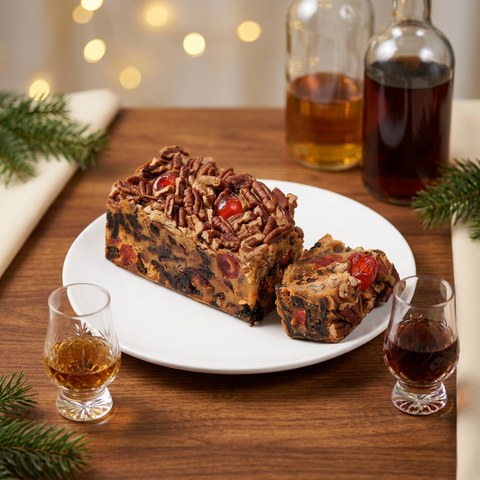 Bourbon & Rum fruitcake loaf and slice on a white plate, with pecans, cherries, small glasses of bourbon and dark rum, and holiday greenery
