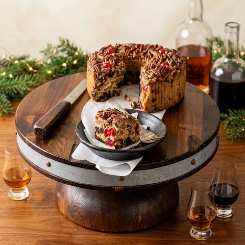 Bourbon & Rum ring fruitcake and plated slice on a raised wooden stand, with spirit bottles, tasting glasses, evergreen greenery, and holiday lights