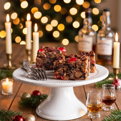 Bourbon & Rum fruitcake pieces on a white pedestal stand with small glasses of bourbon and dark rum, glowing candles, greenery, and Christmas lights