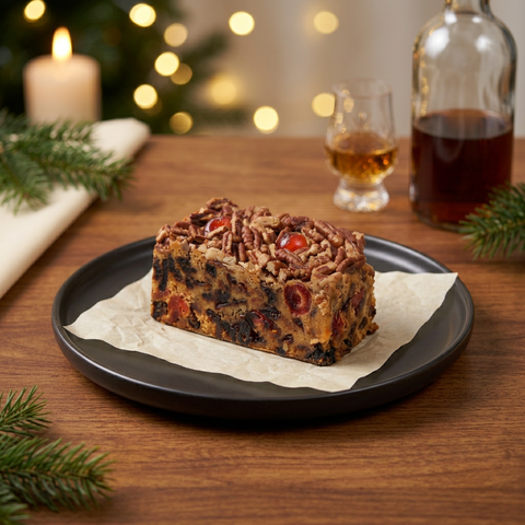 Bourbon & Rum fruitcake on a parchment-lined dark plate, with pecans, cherries, a glass of bourbon, a rum bottle, and warm holiday lights