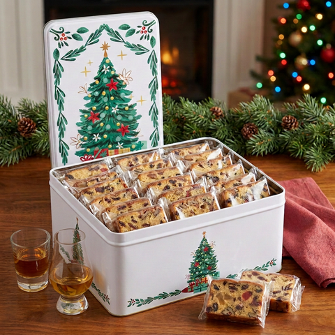 Open Christmas-tree tin of individually wrapped Jane Parker Bourbon & Rum fruitcake slices beside two glasses of amber spirits, with holiday greenery and a fireplace.