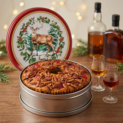 Bourbon & Rum ring fruitcake in an open silver tin with a red deer-design lid, small glasses of bourbon and dark rum, and warm holiday lights