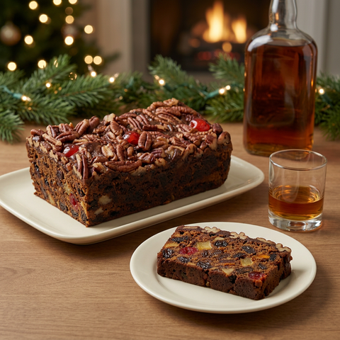Jane Parker Bourbon Fruitcake loaf with a plated slice, beside a glass of bourbon and an unlabeled bottle in a warm holiday setting