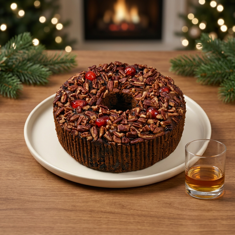 Jane Parker Bourbon Fruitcake ring topped with pecans and red cherries, beside a small glass of bourbon in a warm holiday setting
