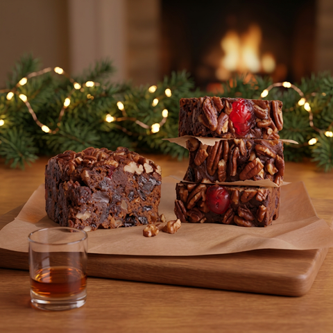 Jane Parker Bourbon Fruitcake slices stacked on a serving board beside a small glass of bourbon, with holiday greenery and warm lights