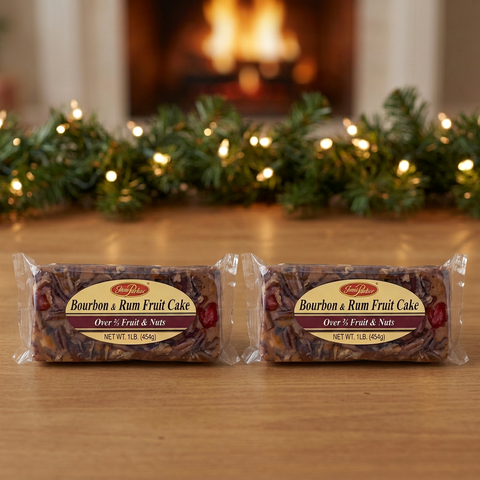 Two individually wrapped Jane Parker Bourbon & Rum Fruitcake 1 lb. loaves on a wooden table with warm holiday lights