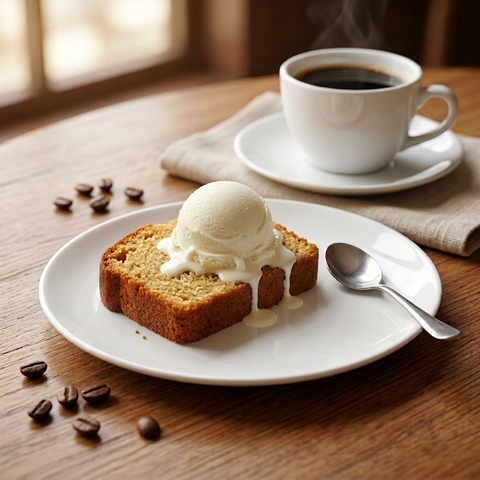 Jane Parker Cahlua Cafe Liqueur Dessert Cake slice topped with vanilla ice cream melting down the cake, with coffee beans and a cup of coffee alongside.