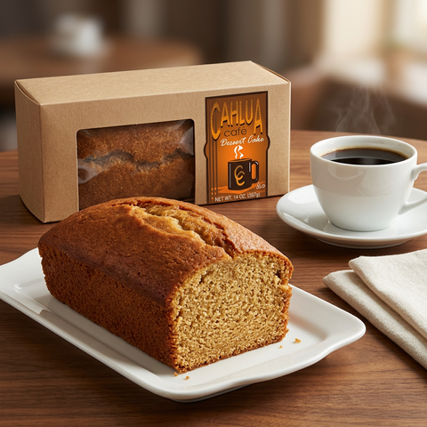Jane Parker Cahlua Cafe Liqueur Dessert Cake on a white plate beside its kraft window box, with a cup of coffee on a warm wooden table.