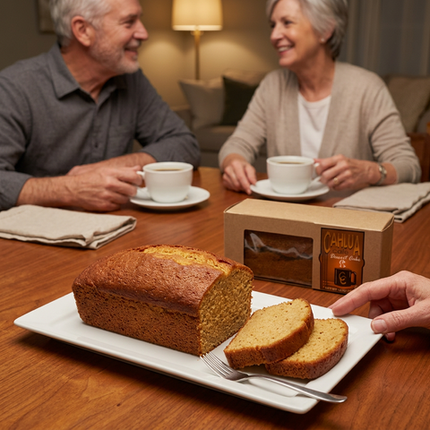 Jane Parker Cahlua Cafe Liqueur Dessert Cake with two cut slices on a white platter beside its box and coffee cups, with a couple chatting in the background.