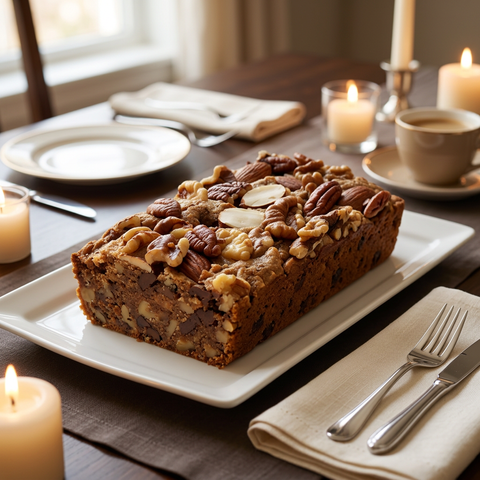 Chocolate Chip N’ Caramel Nut Cake on a serving platter at a table set with dessert plates, coffee cups, and candles