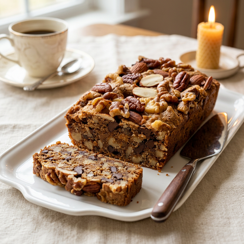 Chocolate Chip N’ Caramel Nut Cake with a slice cut from the end, showing the chocolate-chip-and-nut interior beneath the nut topping