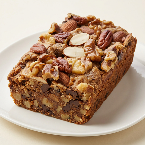 Chocolate Chip N’ Caramel Nut Cake topped with mixed nuts on a white plate against a neutral background