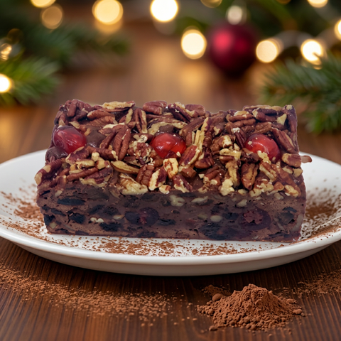Chocolate fruitcake loaf topped with pecans and cherries on a white plate, with cocoa powder and warm holiday lights