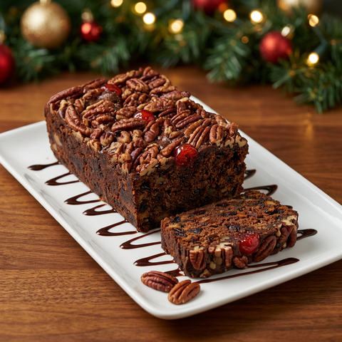 Chocolate liqueur fruitcake loaf with a cut slice on a white platter, surrounded by chocolate drizzle with festive greenery and golden lights behind