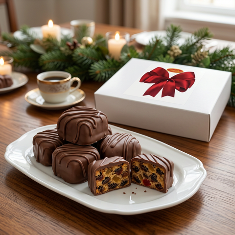 Milk chocolate-covered fruitcake slices, including a cut-open piece, on a platter beside a white gift box with a red bow
