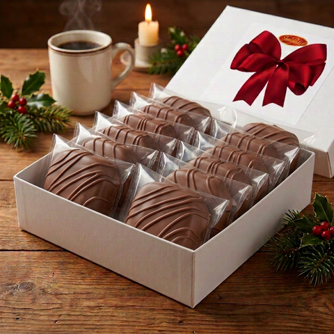 Individually wrapped milk chocolate-covered fruitcake slices arranged in an open white gift box with a red bow