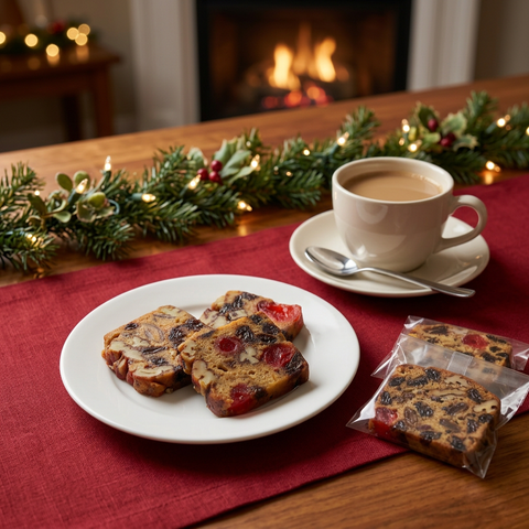 Classic fruitcake slices with wrapped portions and coffee on a red table runner, with garland and a glowing fireplace