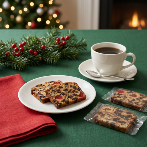 Christmas morning fruitcake slices on a green tablecloth