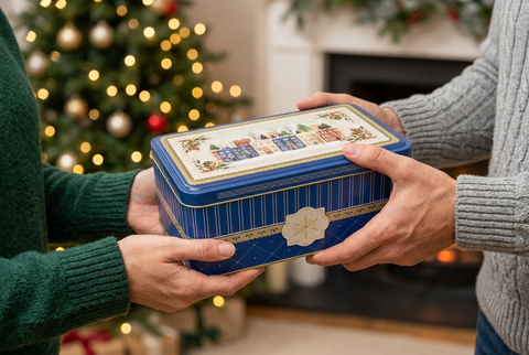 Hands exchanging a blue Jane Parker 1 lb Classic Light Fruitcake holiday tin, with warm Christmas lights in the background