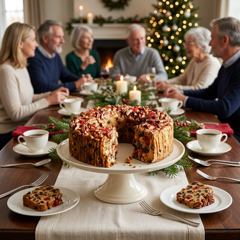 Classic Light ring fruitcake on a pedestal at a holiday table with plated slices and coffee, with family gathered beside a fireplace and lit Christmas tree