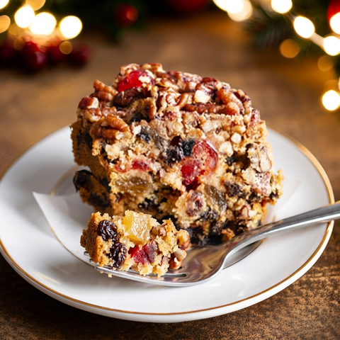 Forkful of Classic Light fruitcake showing raisins, cherry, pineapple and pecans, with a fruitcake slice on a gold-rimmed white plate and warm holiday lights behind.