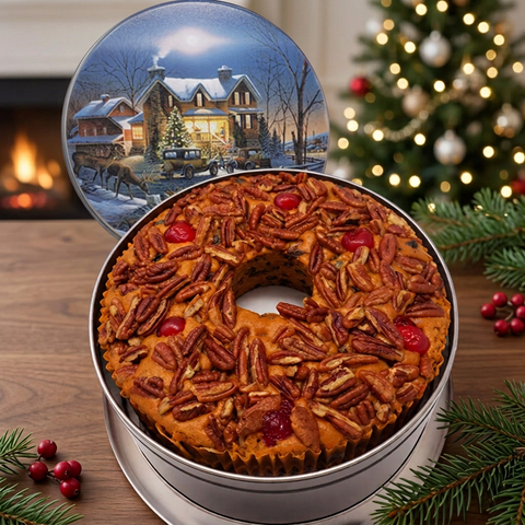 Classic Light ring fruitcake in an open silver tin with a snowy winter-house lid, surrounded by evergreen sprigs beside a fireplace and lit Christmas tree