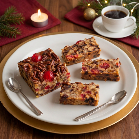 Classic Light fruitcake portion and three slices on a white platter with silver spoons, beside steaming coffee, a candle and festive greenery.