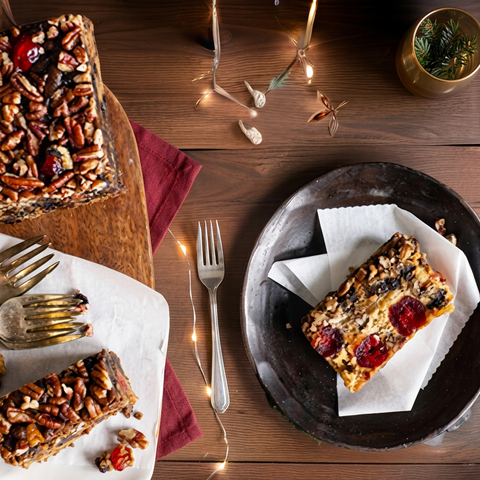 Classic Light fruitcake slice on parchment on a dark plate, with a pecan-topped loaf, additional slices, red linen and warm holiday lights on a wooden table