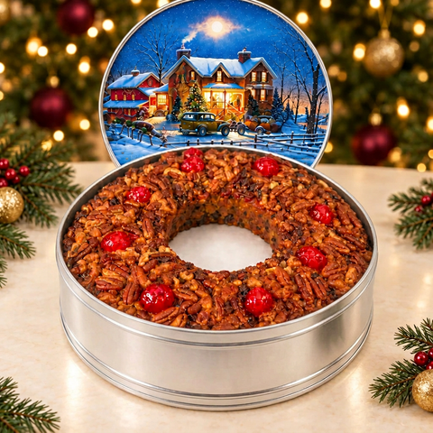 Classic Light 4.5 lb. ring fruitcake in a deep silver holiday tin with a snowy winter-house lid, surrounded by evergreen accents and warm Christmas lights