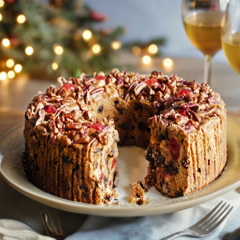 Jane Parker Classic Light 48 oz. ring fruitcake with a wedge removed on an ivory platter, with a softly lit Christmas tree and stemmed glasses behind