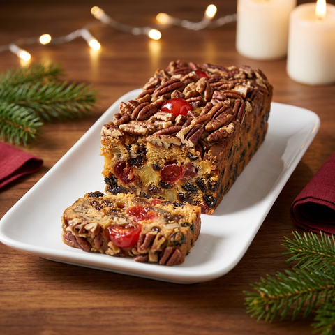 Jane Parker Classic Light fruitcake loaf and a cut slice on a white platter, with pecans, cherries and golden pineapple, framed by greenery and warm holiday lights