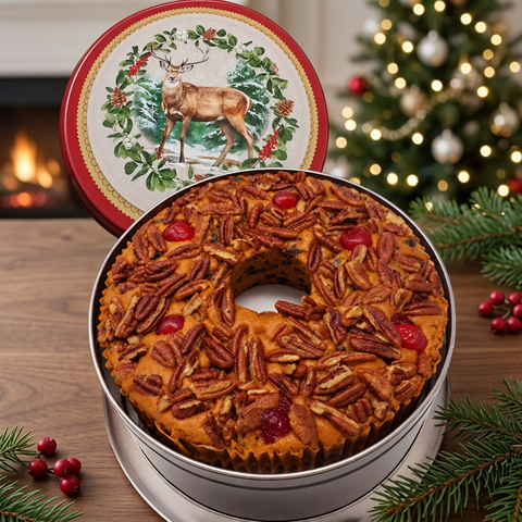 Classic Light ring fruitcake in an open silver holiday tin with a deer-design lid, surrounded by evergreen sprigs beside a fireplace and lit Christmas tree.