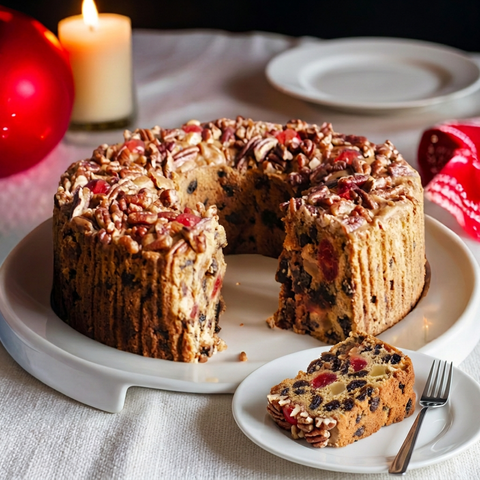 Classic Light ring fruitcake on a white stand with a thin slice resting on a dessert plate, beside a fork, candle and red holiday decorations.