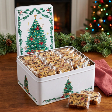 Open rectangular Christmas-tree tin filled with individually wrapped Jane Parker Classic fruitcake slices on a wooden table with holiday greenery and a fireplace