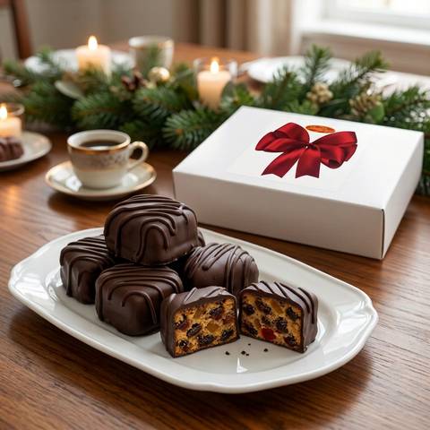 Dark chocolate-covered fruitcake slices, including a cut-open piece, on a platter beside a white gift box with a red bow