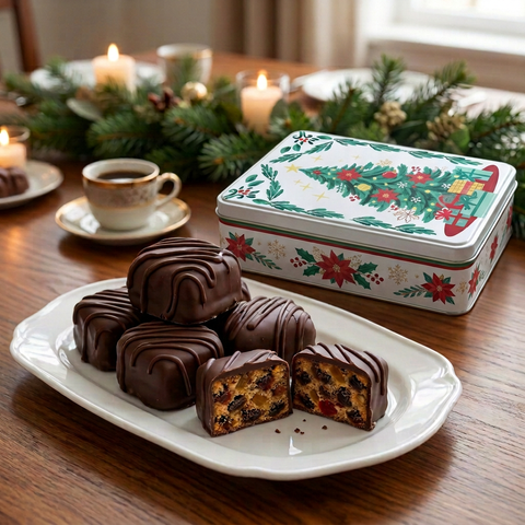 Dark chocolate-covered fruitcake slices on a white platter beside a Christmas-tree holiday tin, with coffee and festive greenery.