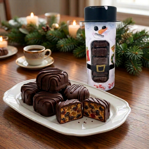 Dark chocolate-covered fruitcake slices on a white platter beside a snowman gift tin, with coffee and festive greenery