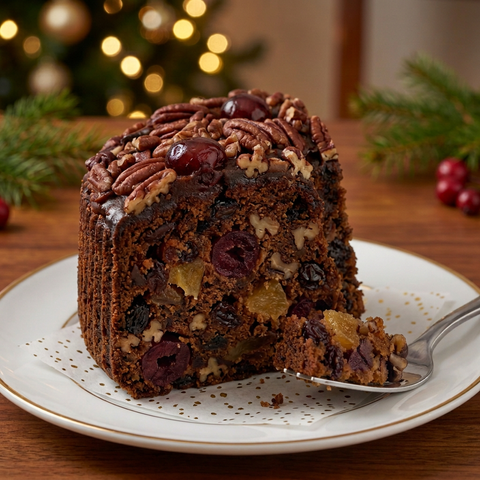 Fruit-rich Dark fruitcake wedge with a small balanced forkful