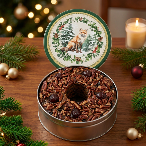 Jane Parker Dark ring fruitcake topped with pecans and dark cherries in an open green fox holiday tin, with the illustrated lid displayed behind it.