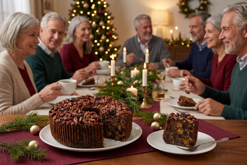 Jane Parker Dark ring fruitcake with a slice removed on a festive dining table, with family enjoying holiday dessert in the background