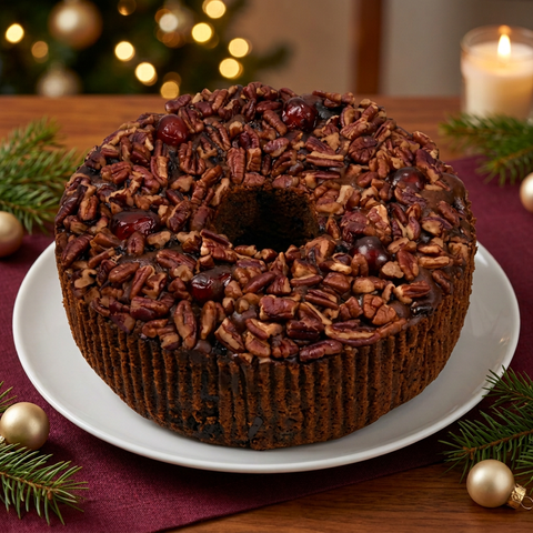 Jane Parker Dark ring fruitcake topped with pecans and red cherries on a white plate, with burgundy linens and festive Christmas greenery.