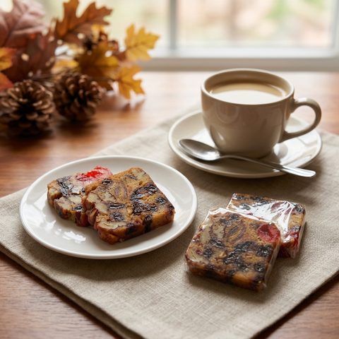 Jane Parker Classic fruitcake slices, wrapped and unwrapped, beside a cup of coffee with autumn leaves in the background