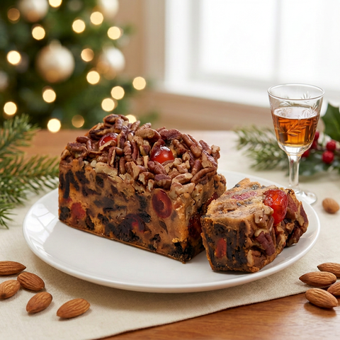 Amaretto fruitcake loaf and slice on a white plate with almonds, a small glass of amaretto, and holiday lights in the background