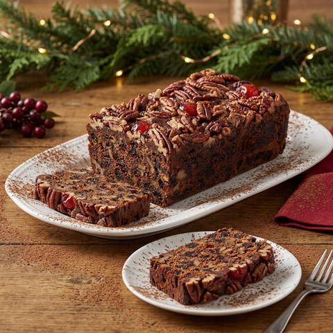 Chocolate fruitcake loaf and slices on white plates dusted with cocoa, on a wooden table with festive greenery and warm lights