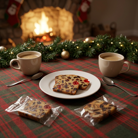 Classic fruitcake slices with wrapped portions and coffee for two on a tartan tablecloth beside a Christmas fireplace